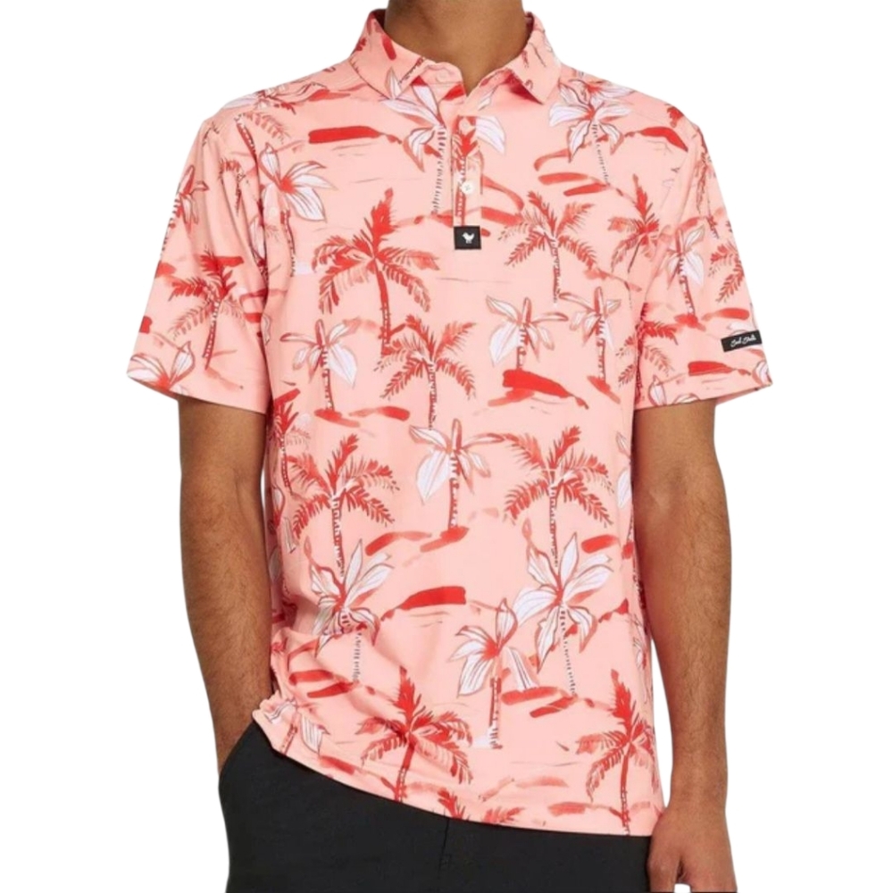 BAD BIRDIE Ricky Rose Pink/Red‎ Tropical Palm Tree Performance Golf Polo Men's M